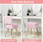 Vanity Stool Chair with Storage & Folding Back, Faux Rabbit Fur Soft Padded Seat Ottoman, 4 Solid Wood Legs Anti-Slip Feet, Small Stool for Vanity Desk for Makeuproom, Bedroom 15.7”x12.5”x28.7”（Pink）