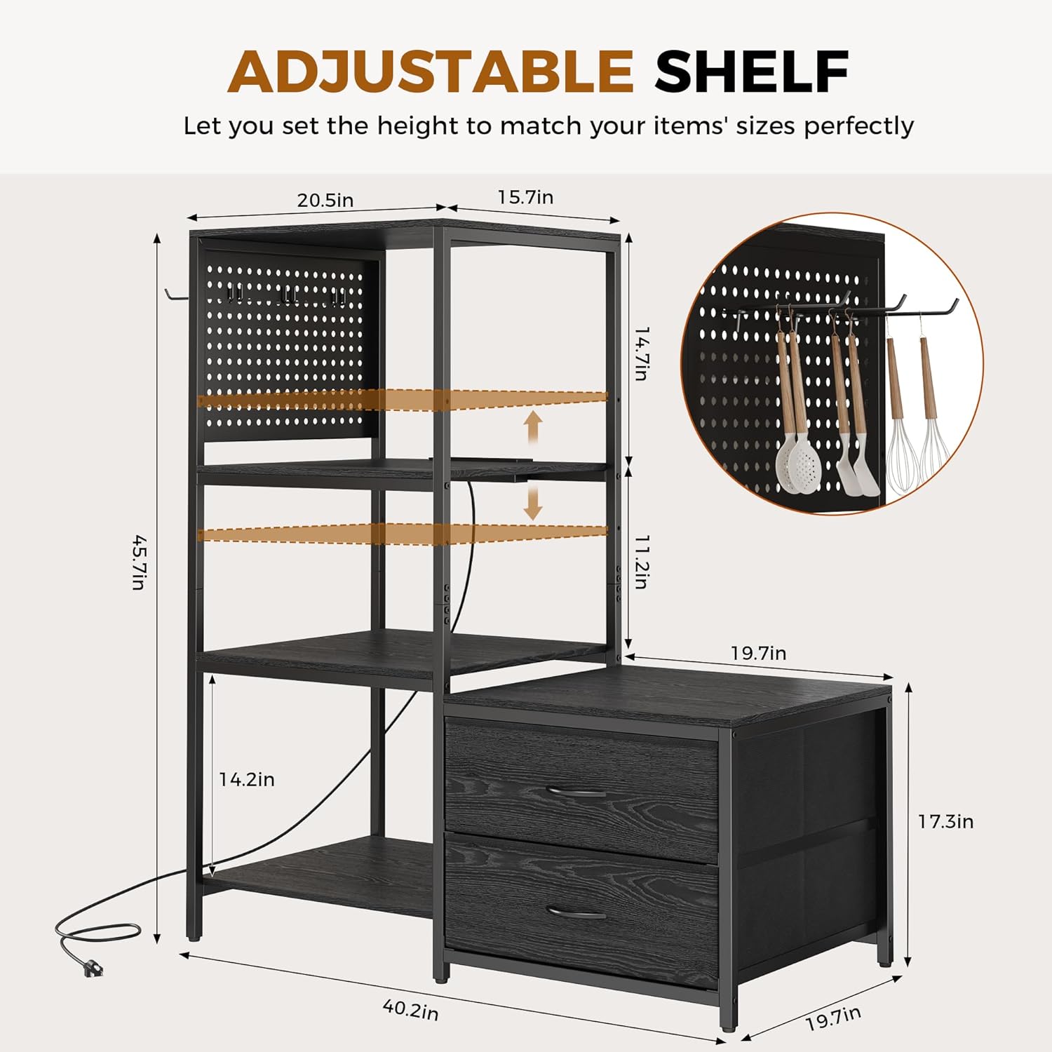 Mini Fridge Stand with Adjustable Shelf, Power Outlet & Storage, Kitchen Organizer for Microwave, Coffee Bar, Dorm, Office (Black)