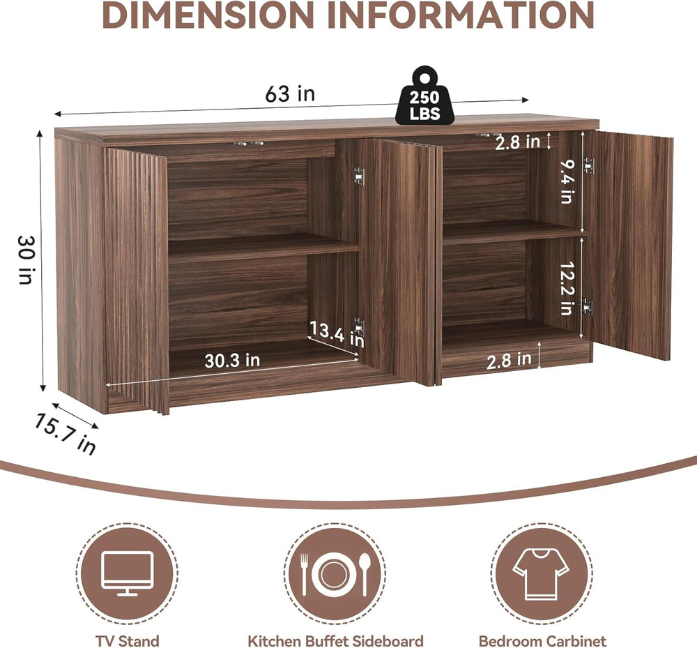 63" Fluted Buffet Cabinet Sideboard with Storage,Large Credenza with 4 D...