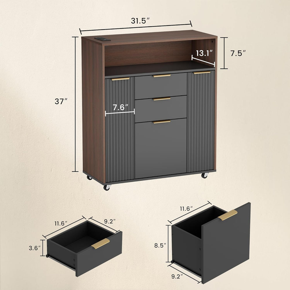 ModernMate Fluted Mobile Office File Cabinet with 3 Drawers, 37" Rolling...