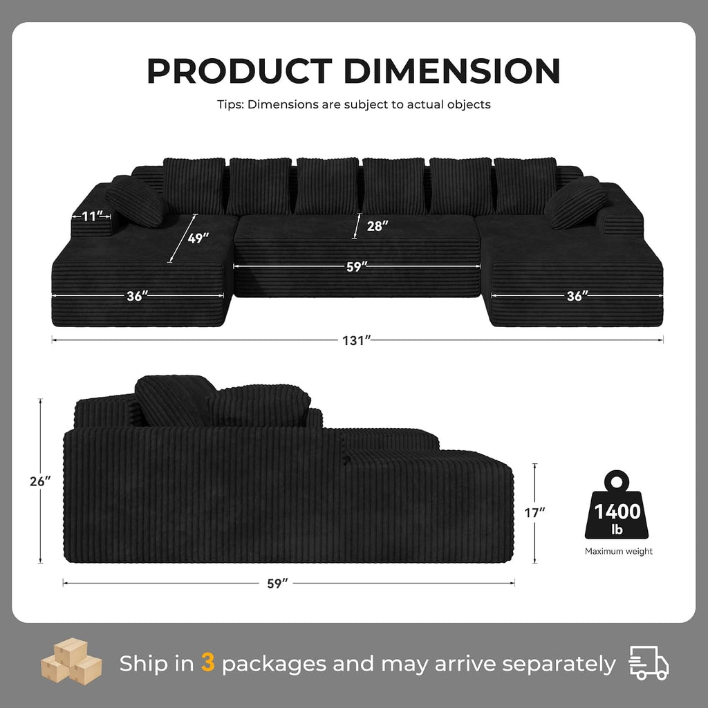 131'' Large Sectional Couches with Chaise, U Shaped Cloud Sofa 1pcs | No Assembly Required Deep Seat Modular Cloud Sofa for Living Room, Comfort-Height Seating, Deep Seat, Wide Armrest
