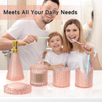 Pink Glass Bathroom Accessories Set 5 Pcs, Pink Bathroom Set, Soap Dispenser and Toothbrush Holder Set, Qtip Holder Set, Vintage Bathroom Sink Set, Cute Bathroom Decor