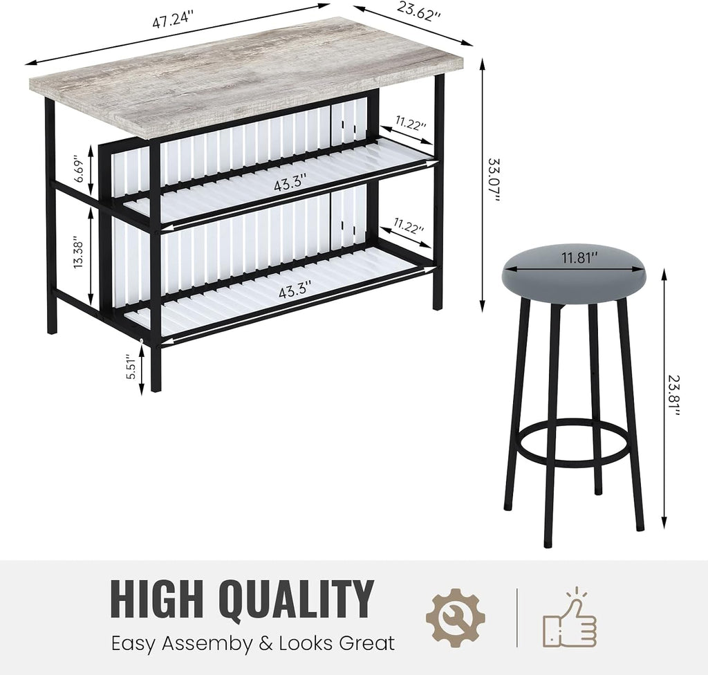 AWQM Kitchen Island with Seating & Storage, Bar Table and Chair Set, Grey | Modern Bar Table and Chairs Set for 2, Faux Marble Island Table, with 2 Chair, For Small Space, Apartment, Home Bar