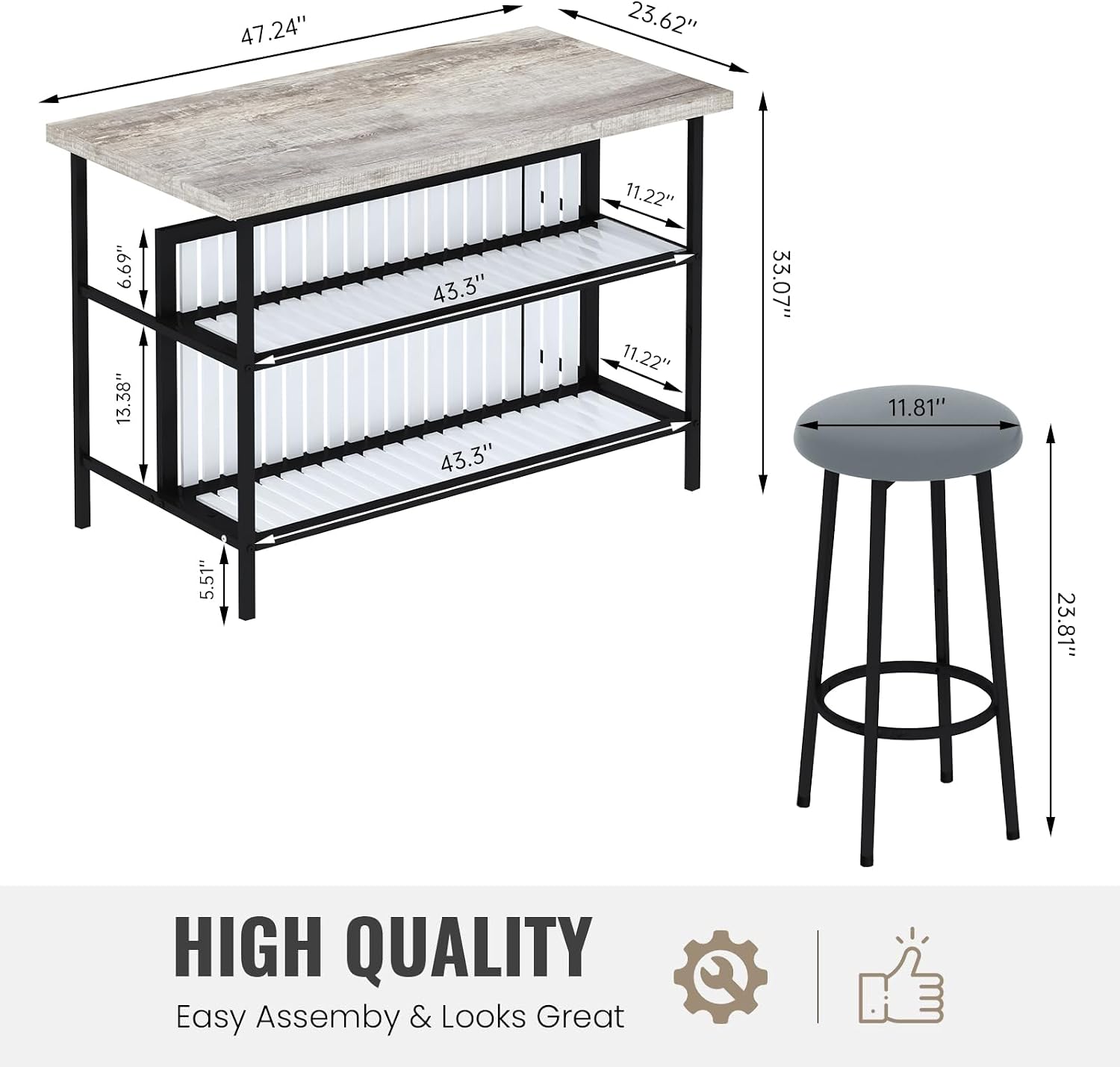 AWQM Kitchen Island with Seating & Storage, Bar Table and Chair Set, Grey | Modern Bar Table and Chairs Set for 2, Faux Marble Island Table, with 2 Chair, For Small Space, Apartment, Home Bar