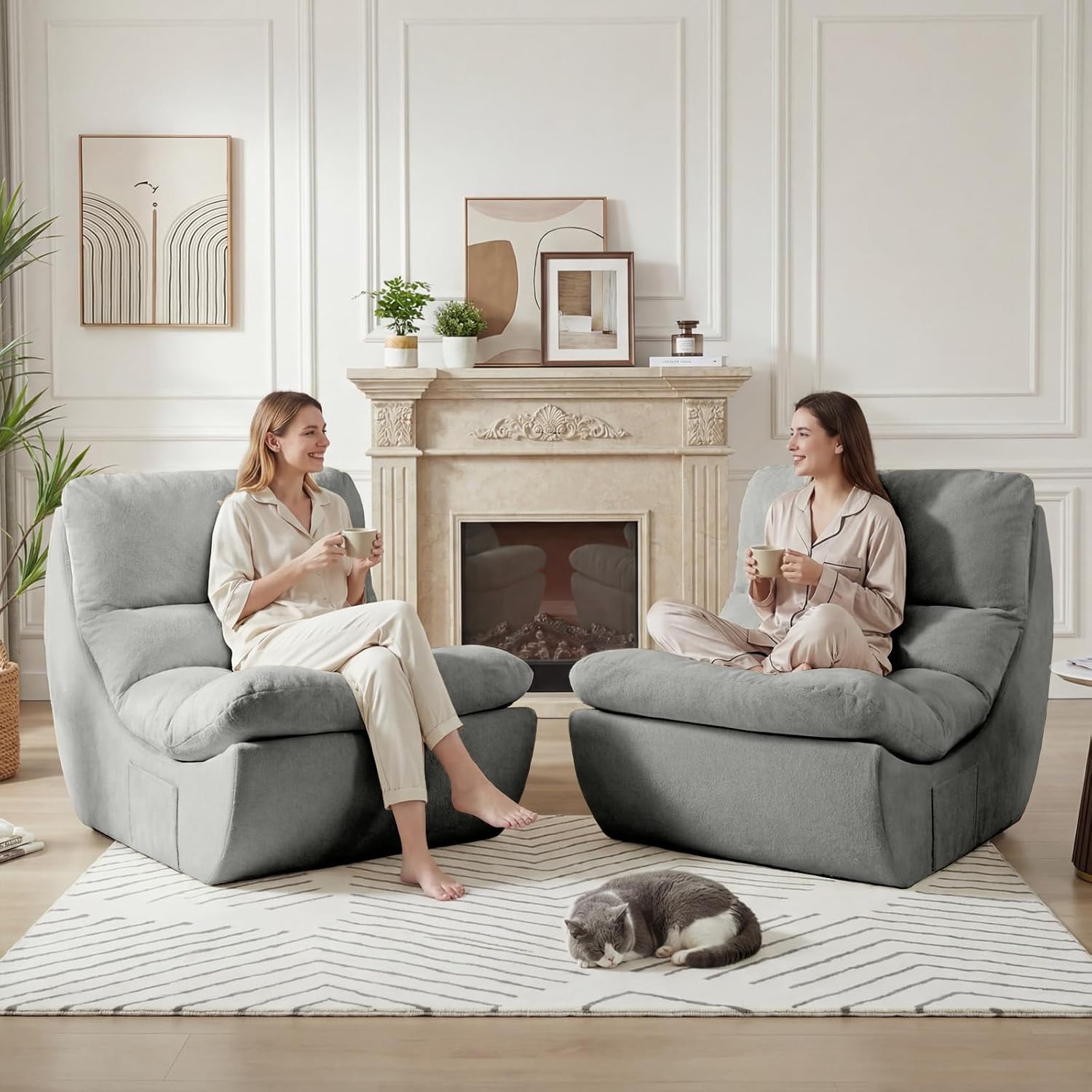 Set of 2 Giant Bean Bag Chairs for Adults, Boneless Lounge Chair, Togo Sofa, Fireside Chair, Anti Cat Scratch Fabric with Machine Washable, Single Sofa for Bedroom, Living Room, Reading Corner (Grey)