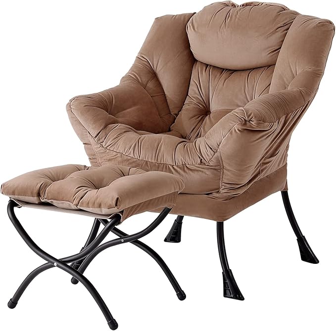 Welnow Lazy Chair with Ottoman, Modern Lounge Accent Chair with Armrests and a Side Pocket, Leisure Sofa Chair Set, Reading Chair with Footrest for Small Space, Corner Chair, Dark Brown