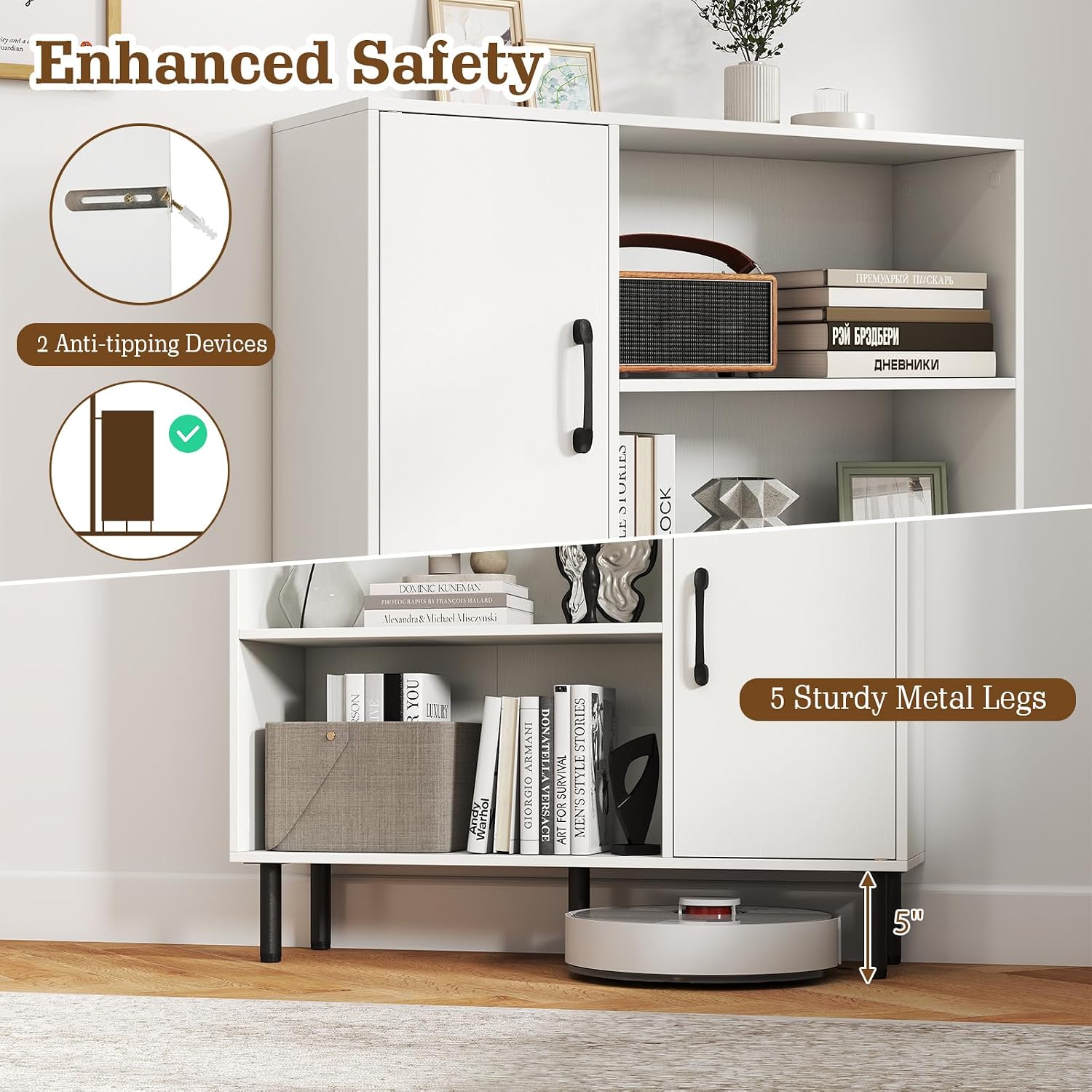 Giantex 47-Inches Storage Cabinet with Doors, Open Shelves, Anti-Tipping Device, 4-Tier Bookcase for Books & Photos, Tall Cupboard, Floor Cabinet for Living Room, Kitchen Buffet Sideboard