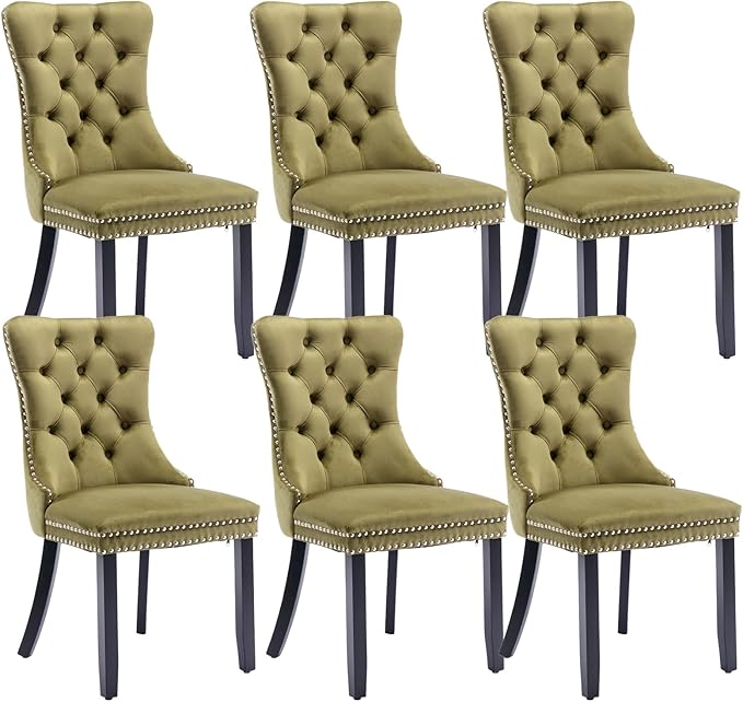 Velvet Dining Chairs Set of 6, Upholstered Dining Room Chairs with Back Ring Pull Trim and Solid Wood Legs,Tufted Wingback Kitchen Chairs for Dining Room,Living Room,Kitchen(Olive Green)