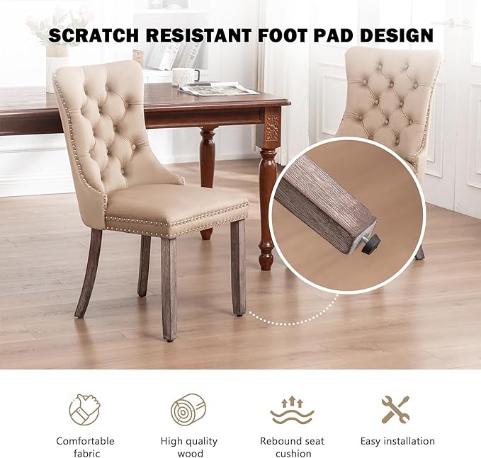 Velvet Dining Chairs Set of 6,Upholstered Dining Chairs with Ring Pull Trim and Button Back,Modern Seating for Kitchen, Bedroom,Living Room,Dining Room(Khaki)