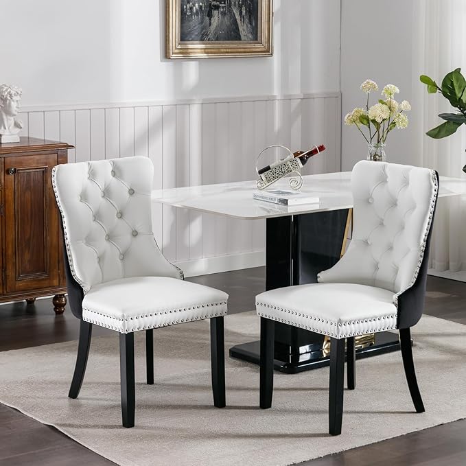 Dining Chairs Set of 2, Upholstered Tufted Dining Room Chairs with High Back, Nailhead Trim and Solid Wood Legs, Modern Dining Chair for Dining Room, White Pu Leather Splicing Black Velvet