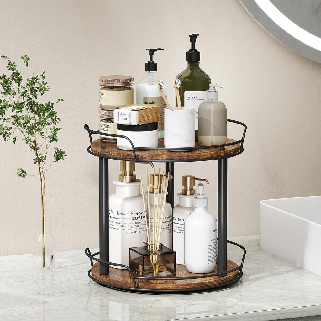 LAMU 10'' Wood Lazy Susan Turntable Organizer for Cabinet, 2 Tier Lazy Susan Spice Rack Organizer for Kitchen, Table Top, Countertop, Pantry, Medicine Organizer