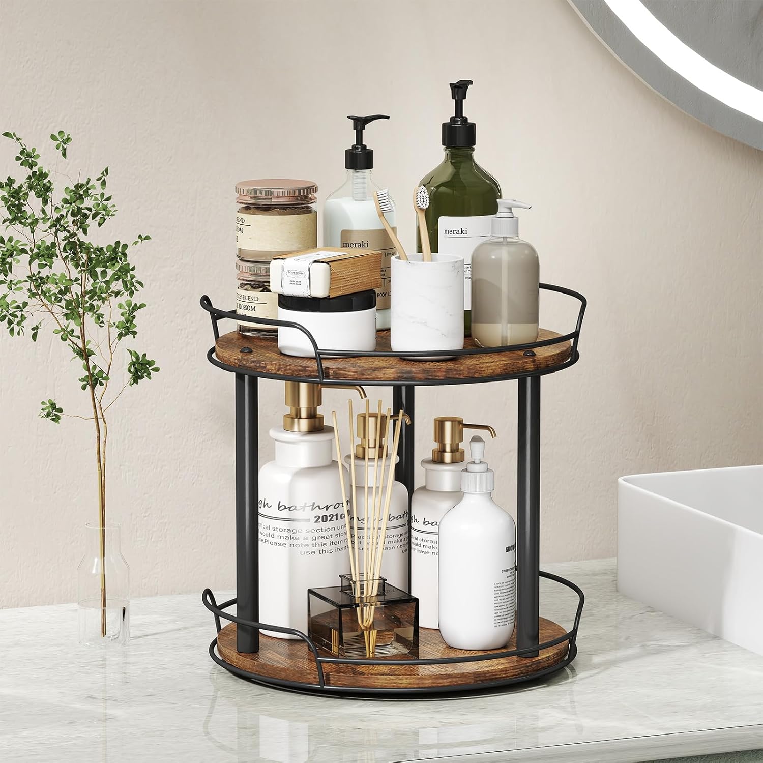 LAMU 10'' Wood Lazy Susan Turntable Organizer for Cabinet, 2 Tier Lazy Susan Spice Rack Organizer for Kitchen, Table Top, Countertop, Pantry, Medicine Organizer