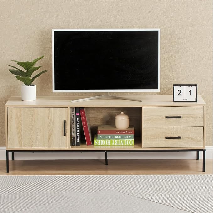 TV Stand for 55/60 Inch TV, Modern Wood Entertainment Center with Storage, 52" Media Console Table with 2 Drawers & Door Cabinet, Television Stands for Living Room & Bedroom(Burlywood)