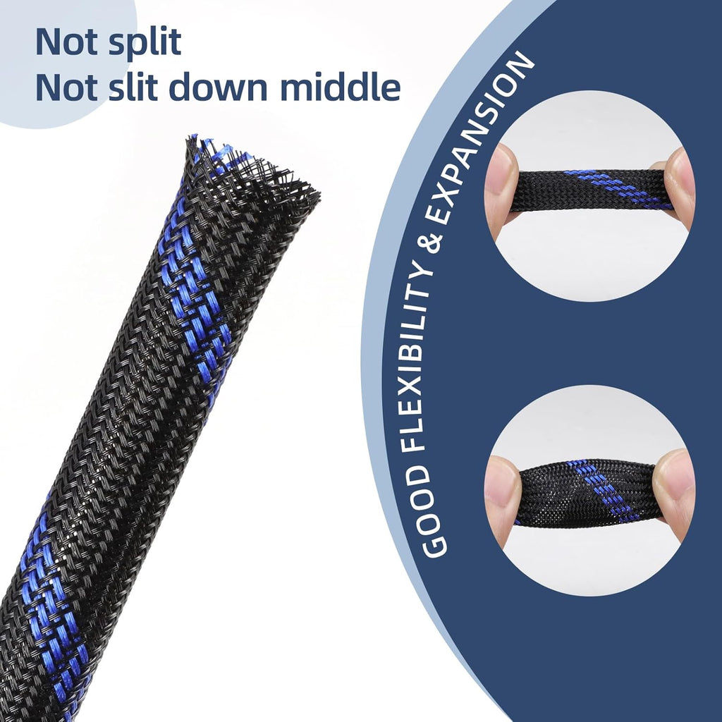 Braided Cable Sleeving, PET Expandable Braided Cable Sleeve, Flexible Mesh Sleeving Cord Management for Audio Video and Other Home Device, Cord Protector from Pets (Black Blue, 1" x 25ft)