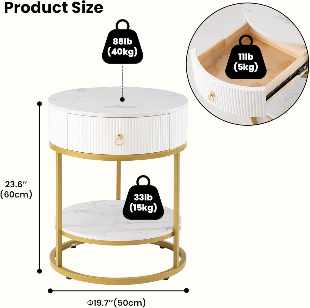 COSIEST Round Side Table with Drawer, Modern Tall Nightstand with Faux Marble...