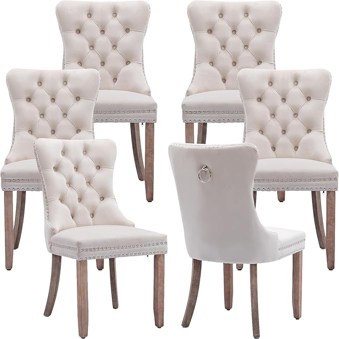 Modern Dining Chairs Set of 6, Tufted Upholstered Dining Chair with Solid Wood Legs, Beige Velvet Accent Chair, Sillas de Comedor, 6 Dining Chairs (Beige, Velvet, 6Pcs)