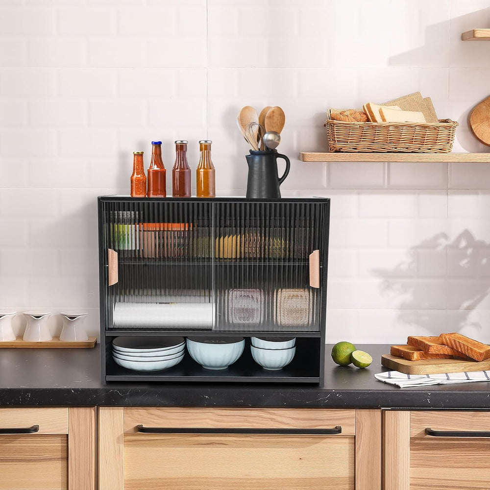 3 Tier Kitchen Pantry Storage Cabinet with with 2 Sliding Striped Glass Doors...