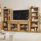 TUSY 71" TV Stand Storage Set - 2 Tall Bookcases & 2 Side Cabinets, Media Console with Glass & Wood Doors, Entertainment Center with Drawers, Tall Media Console for Living Room (Wood, AEEA)