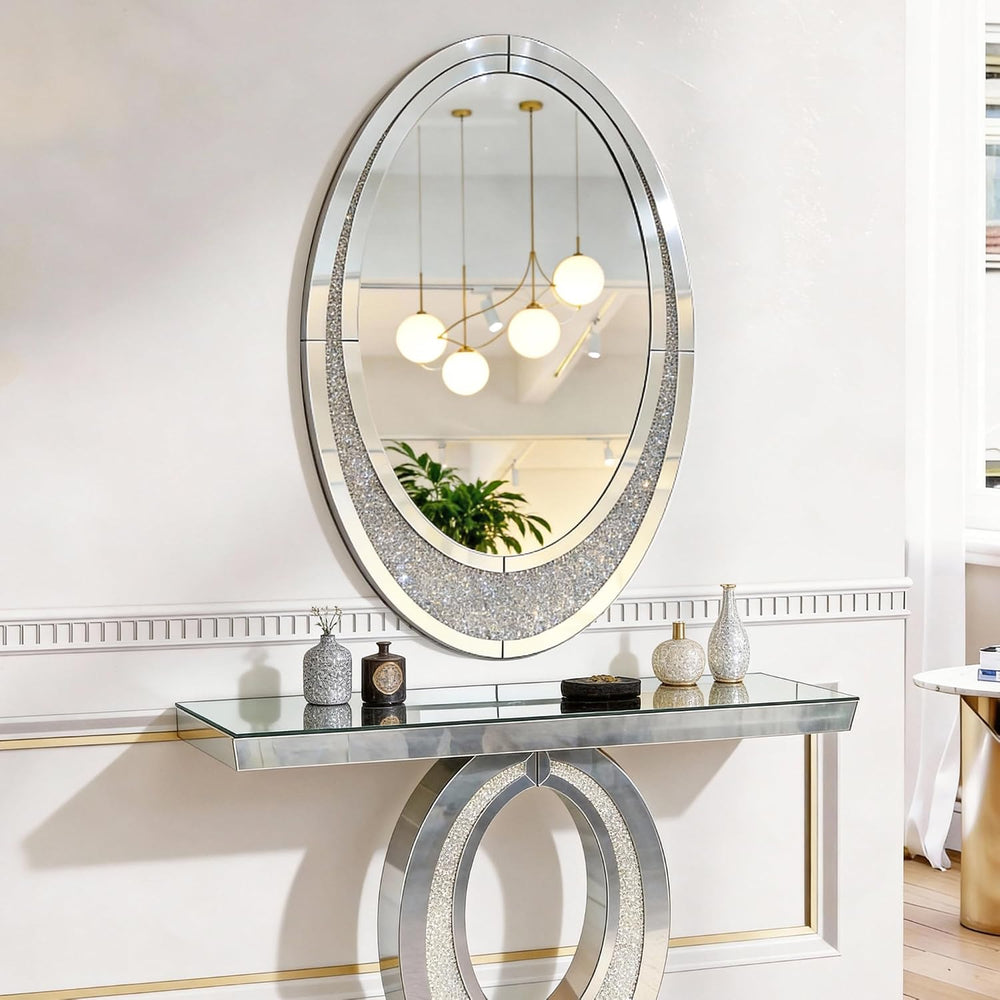Silver Mirrored Console Table with Crushed Diamond lnlay, 39.5" Modern R...