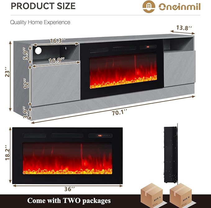 oneinmil Fireplace TV Stand with 36" Electric Fireplace, LED Light Entertainment Center, Modern Wood Texture Entertainment Stand with Highlight Storage Cabinet for TVs Up to 80", 70 inches, Grey