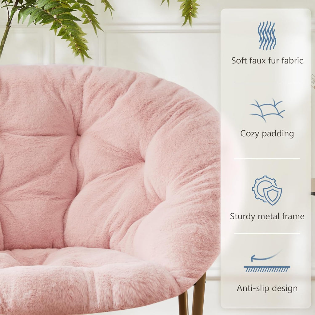 DUMOS Faux Fur Saucer Chair, Living Room Folding Lounge Chair | XL Circle Moon Mushroom Style, Gaming Dorm Small Spaces, Foldable Oversized Accent Seat, Reading