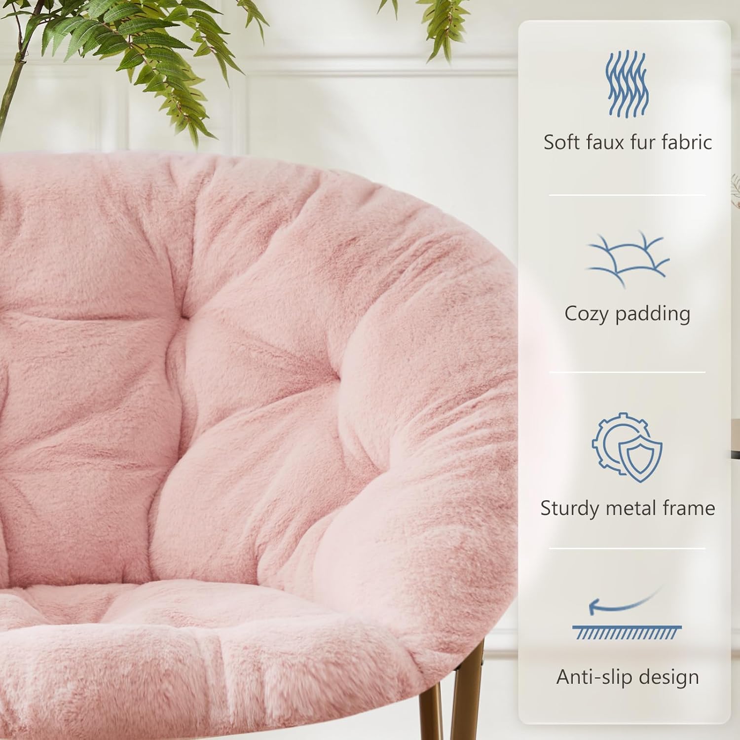 DUMOS Faux Fur Saucer Chair, Living Room Folding Lounge Chair | XL Circle Moon Mushroom Style, Gaming Dorm Small Spaces, Foldable Oversized Accent Seat, Reading
