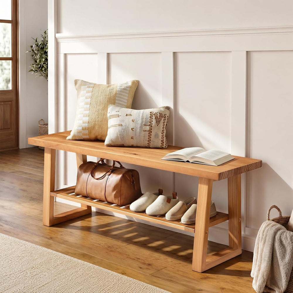 Amada 43 Inch Solid Pine Wood Bench, Entryway Bench with Shoe Storage Shelf, ...