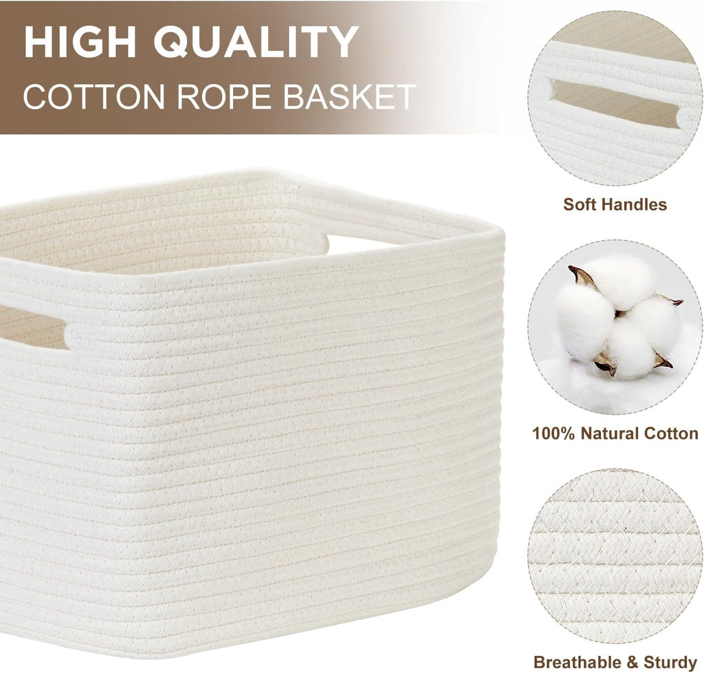 Temary Woven Storage Baskets, Set of 3 Rope Baskets for Storage Clothes, Towels, Versatile Boho Storage Bins (White, 13"x9.8"x8.5")