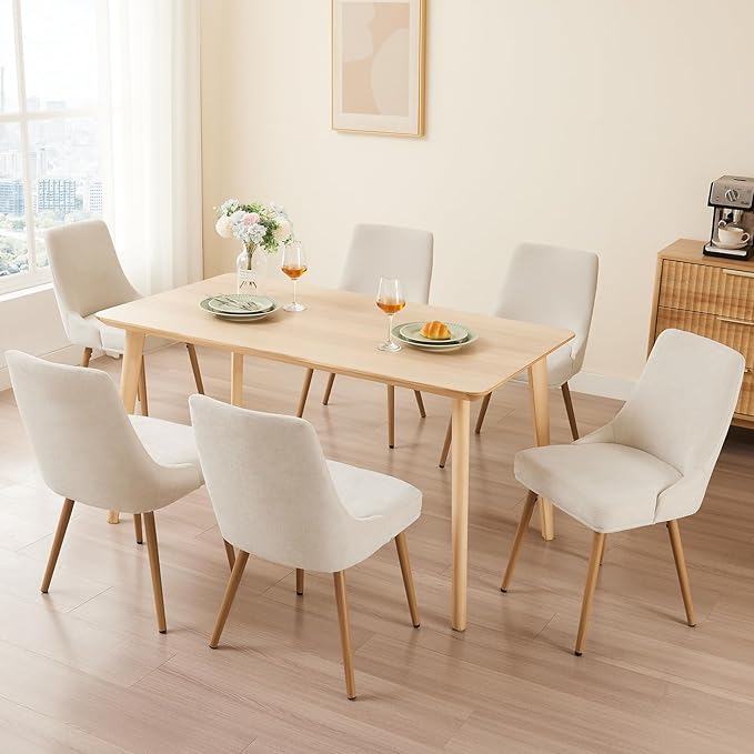 Modern Upholstered Dining Chairs Set of 6 with Thick Seat Cushion and Curved Back, Fabric Farmhouse Dinner Chair for Kitchen, Dining Room,Cafe (Fabric - Beige, Set of 6)