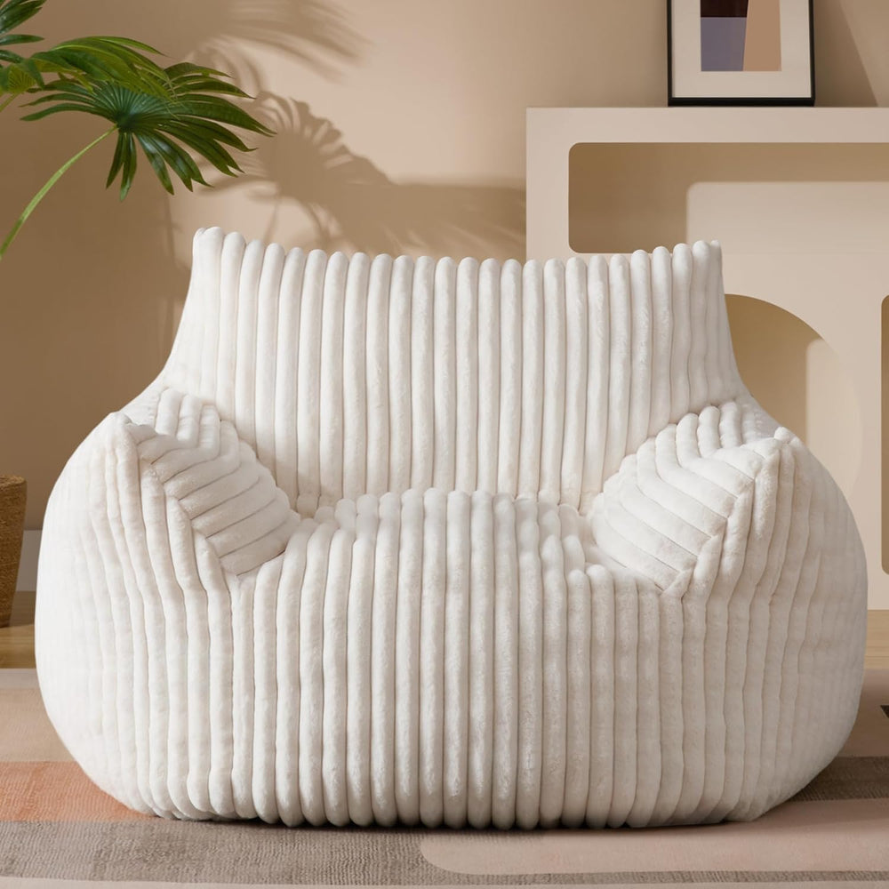 Giant Plush Bean Bag Chair for Adults with Armrests - Oversized Comfy Beige B...
