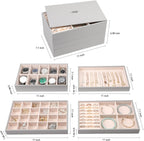 Voova Stackable Jewelry Organizer Tray with Lid, PU Leather Jewelry Storage Holder for Drawer Inserts, Jewellery Display Box Case for Earring Necklace Ring Watch Bracelet (Set of 4, Grey)