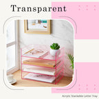 Harloon 4 Tier Acrylic Paper Tray 12.4 x 8.7 x 2.7 Inches Stackable Letter Clear Organizer No Need to Assemble Acrylic Paper Organizer File Tray for Office Workspace Desktop Storage(Transparent Pink)