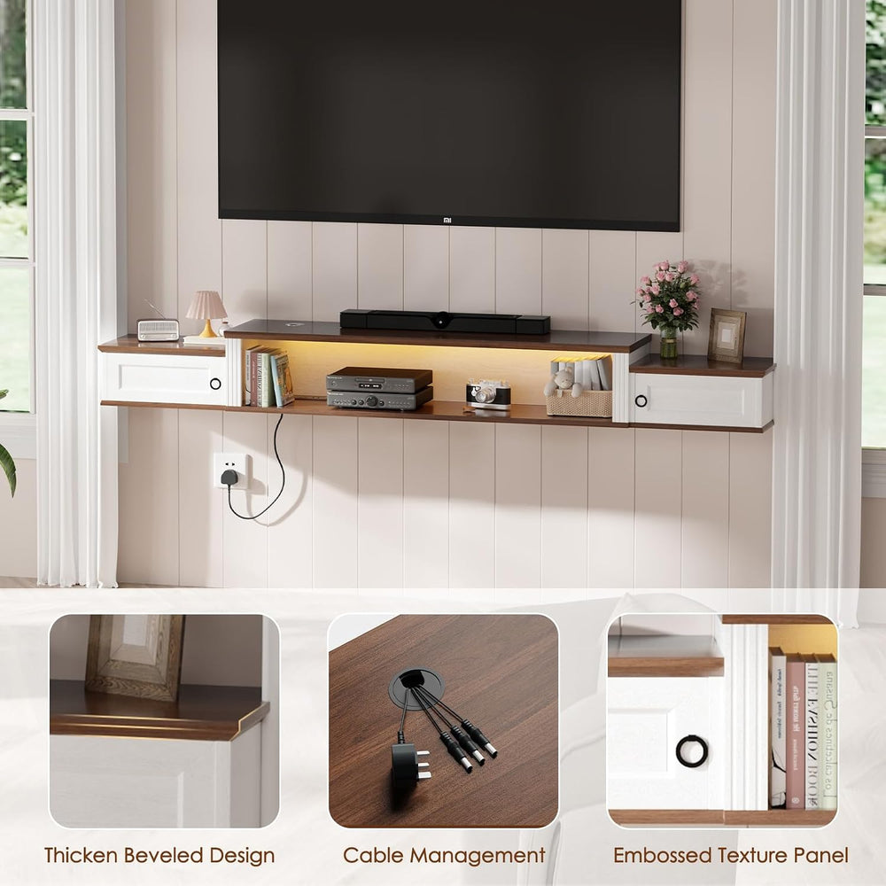 Farmhouse Floating TV Stand for 80" TVs, with LED Light & Outlet | 7...