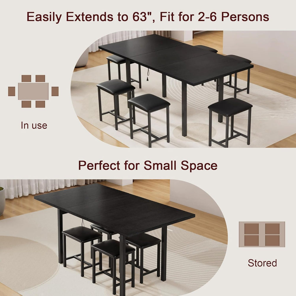 VECELO 7-Piece Dining Table Set with 6 Square PU Stools, 63" Expandable ...