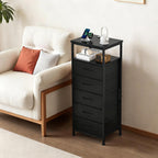 Sweetcrispy Nightstand with Charging Station 5 Fabric Drawers Bedside Table | Night Stand with USB Type-C Ports, AC Outlets & Dimmable LED Light Strip, Modern Black Bedroom End Table