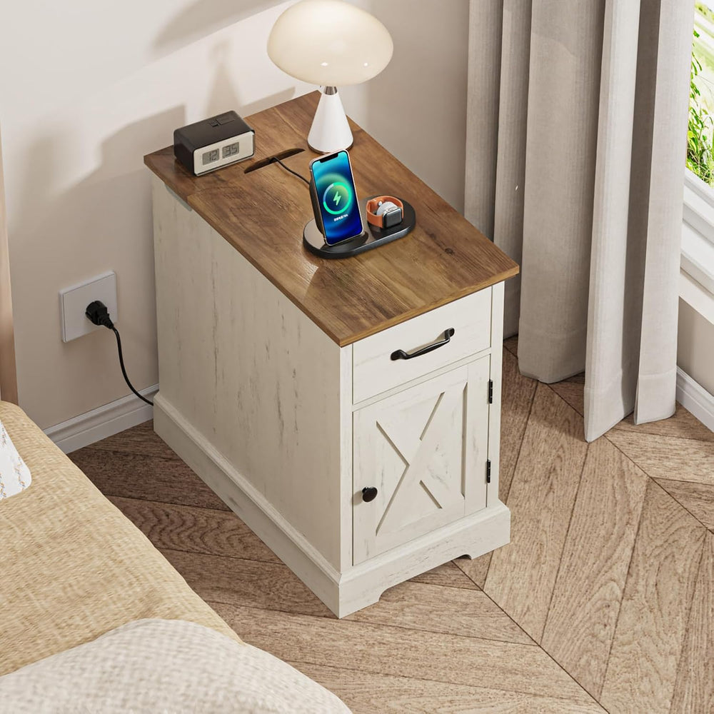 HOMMPA 23.6'' Farmhouse Narrow End Table w/Charging Station Rustic White
