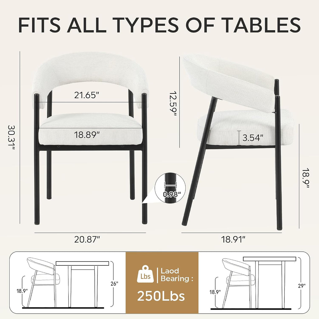 yeag Modern Dining Chairs Set of 2, Upholstered Barrel Dining Room Chairs with Curved Back, Farmhouse Accent Arm Kitchen Side Chairs with Metal Legs for Kitchen, Home, Apartment (Off White)