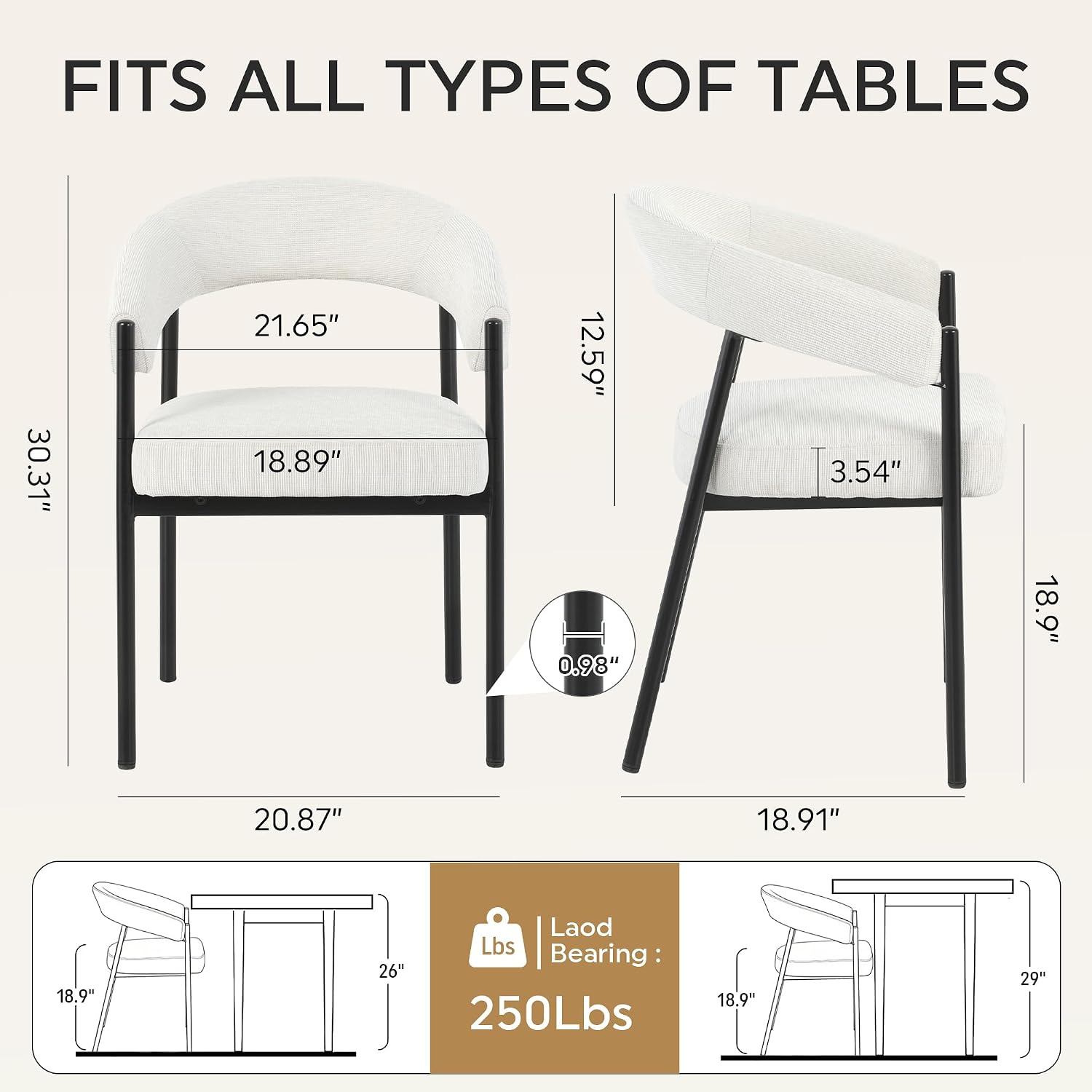 yeag Modern Dining Chairs Set of 2, Upholstered Barrel Dining Room Chairs with Curved Back, Farmhouse Accent Arm Kitchen Side Chairs with Metal Legs for Kitchen, Home, Apartment (Off White)