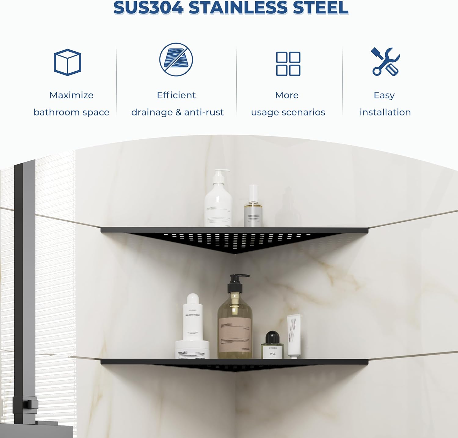 FerdY 2-Pack 10" Matte Black Recessed Corner Shower Shelf, for Tiled Bathroom Walls, 304 Stainless Steel Floating Shelf, Shower Caddy Storage Shelves, No Drilling Required, Point Triangle