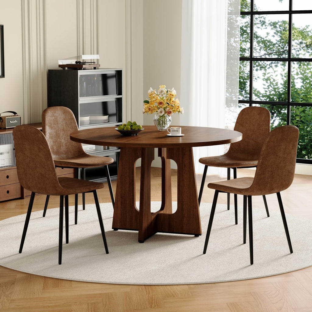 47" Round Dining Table Set for 4, Walnut Wood Grain Table and 4 Brown Suede Upholstered Chairs Set, Mid Century Modern Kitchen Table Set with Cross Legs