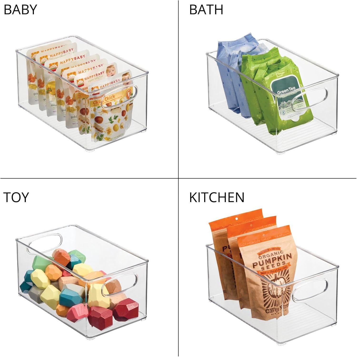 mDesign Plastic Home Closet Organizer - Basket Storage Holder Bin w/ Handles for Bedroom, Bathroom, Cabinet Shelves, Entryway, and Hallway - Holds Sweaters, Purses - Ligne Collection - 4 Pack - Clear