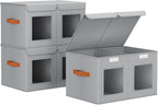 Large Closet Storage Bins - Collapsible Divided Clothes Organizer with Lids & Dual Window, Fabric Organizing Bins for Clothes, Sweater, Toys, Bedroom, Office (Grey, 3 Pack)