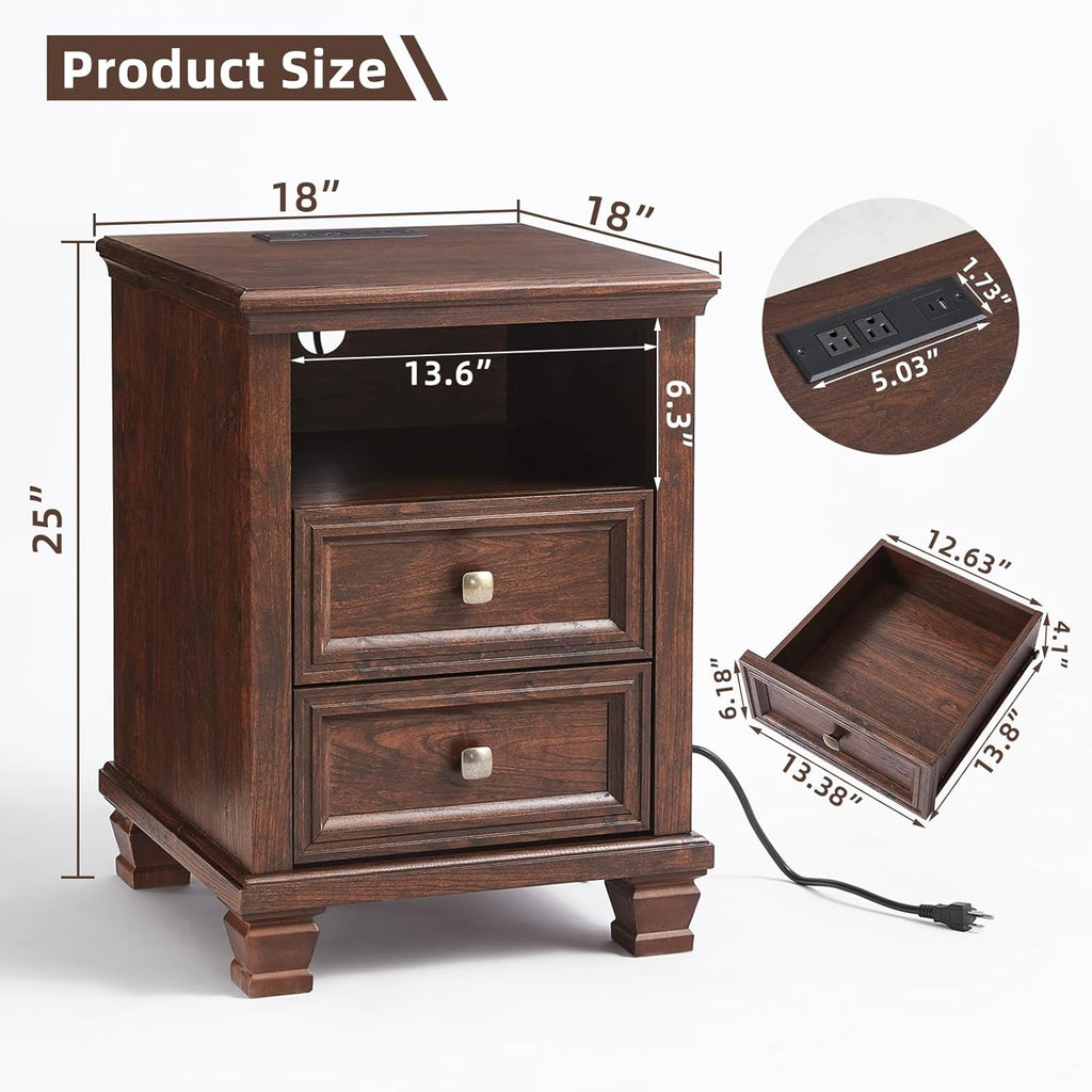 SAVOR LIFE Farmhouse Nightstand with Charging Station, Walnut | End Tables Bedroom with 2 Drawers, Traditional Night Stand with Open Shelf & Thickened Top & Square Wooden Legs