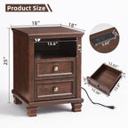 SAVOR LIFE Farmhouse Nightstand with Charging Station, Walnut | End Tables Bedroom with 2 Drawers, Traditional Night Stand with Open Shelf & Thickened Top & Square Wooden Legs