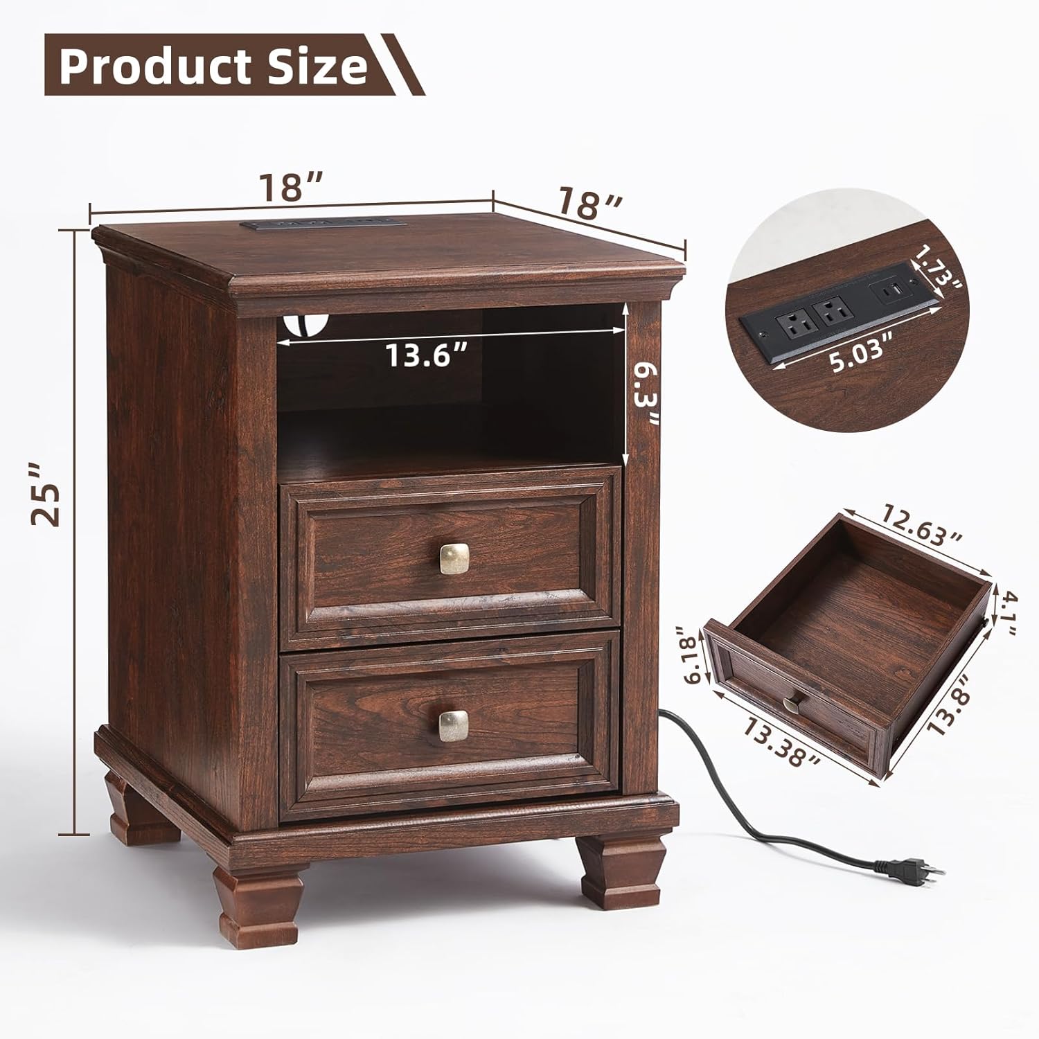 SAVOR LIFE Farmhouse Nightstand with Charging Station, Walnut | End Tables Bedroom with 2 Drawers, Traditional Night Stand with Open Shelf & Thickened Top & Square Wooden Legs