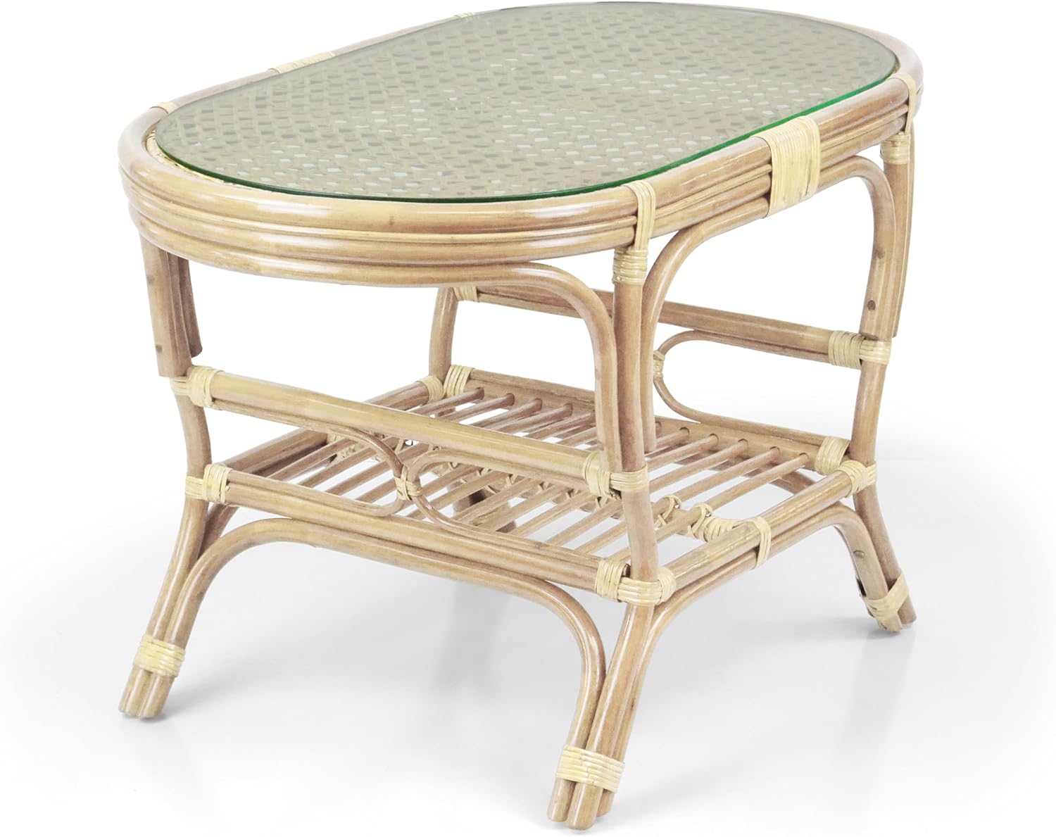 Pelangi Oval Coffee Table Natural Color with Glass Top Natural Rattan Wicker ECO Handmade Design