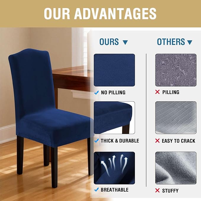 H.VERSAILTEX Velvet Dining Chair Covers Stretch Chair Covers for Dining Room Set of 6 Parson Chair Slipcovers Chair Protectors Covers Dining, Soft Thick Solid Velvet Fabric Washable, Navy