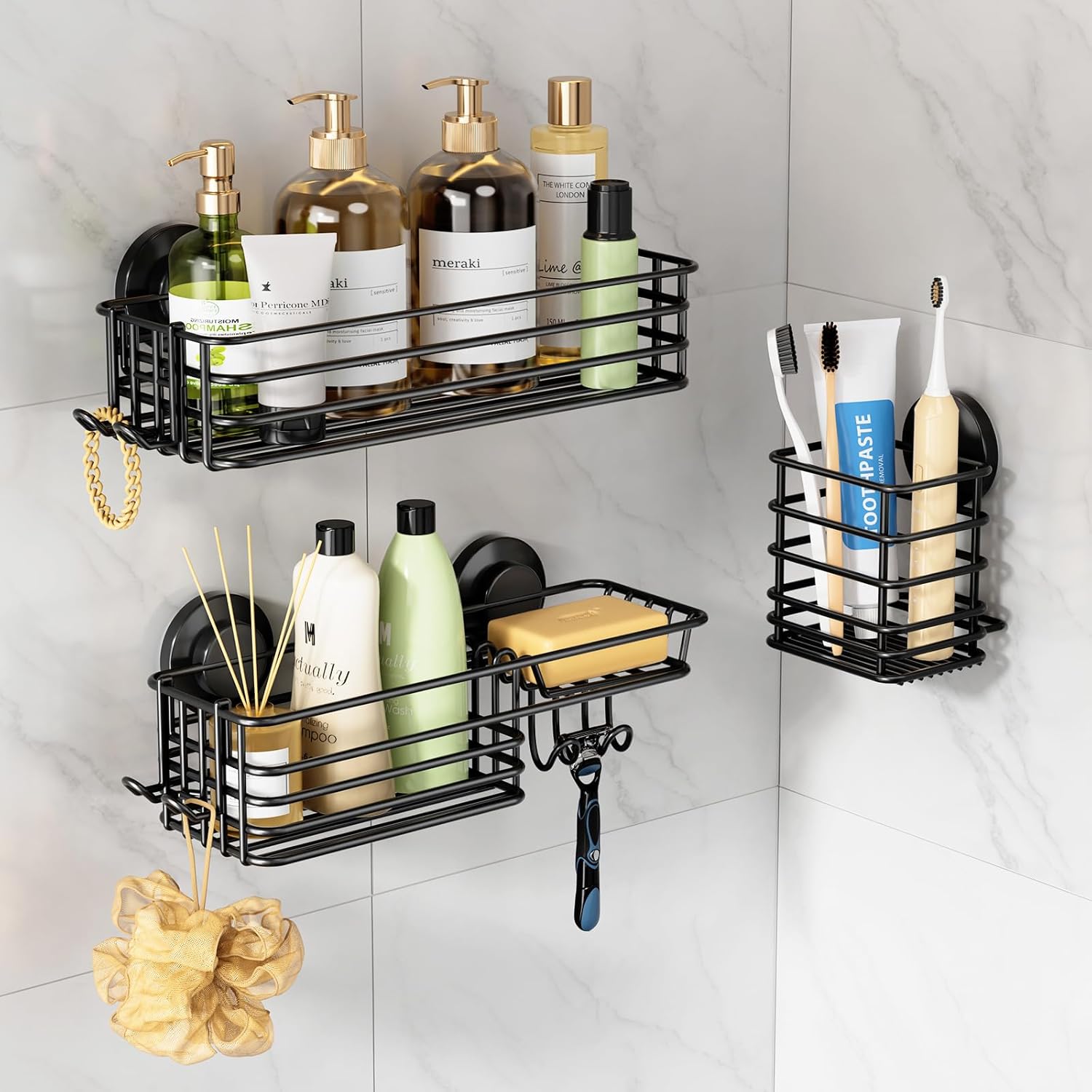 LEVERLOC Shower Caddy Suction Cup, 3 Pack Heavy Duty Bathroom Organizer for Inside Shower with Hooks & Soap Holder, Removable Bathroom Organizer, Rustproof Black Holder Storage
