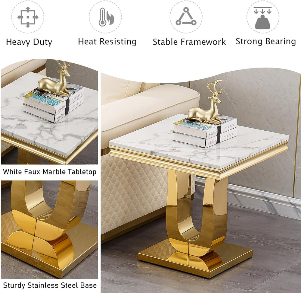 23'' Faux Marble End Table with High-Gloss U Base, Rectangular Marble...