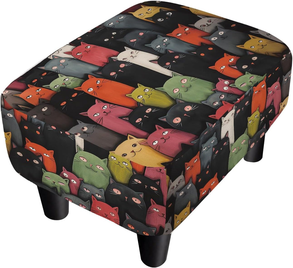 Cartoon Cat Print Square Linen Small Footstool Ottoman for Living Room